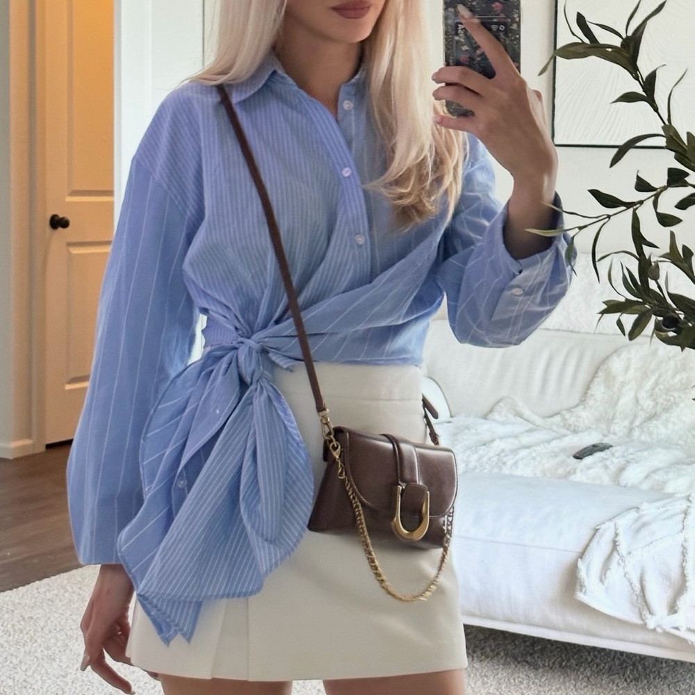 Zara Light Blue Asymmetrical Striped Shirt